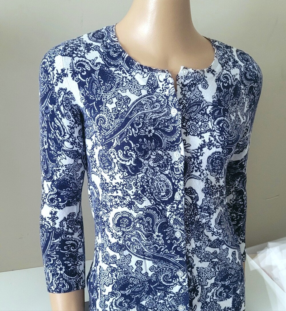Joe  Navy Blue and White Paisley Cardigan